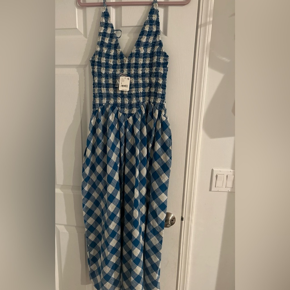Free People blue and white gingham midi dress size small